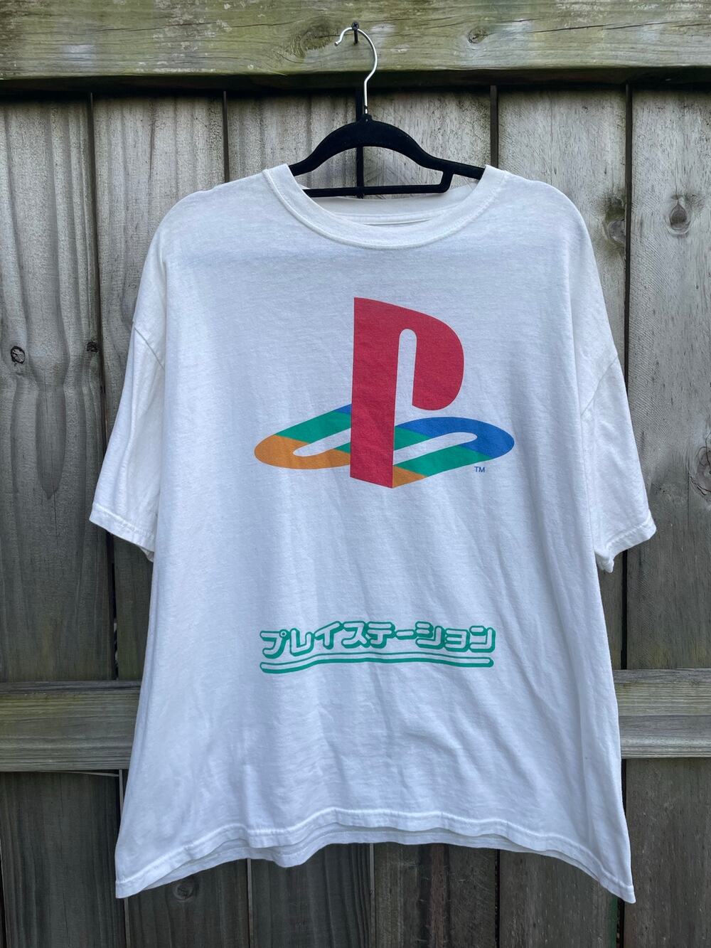 PlayStation Shirt XL White Classic PS Logo Japanese Text Cotton Gaming Tee